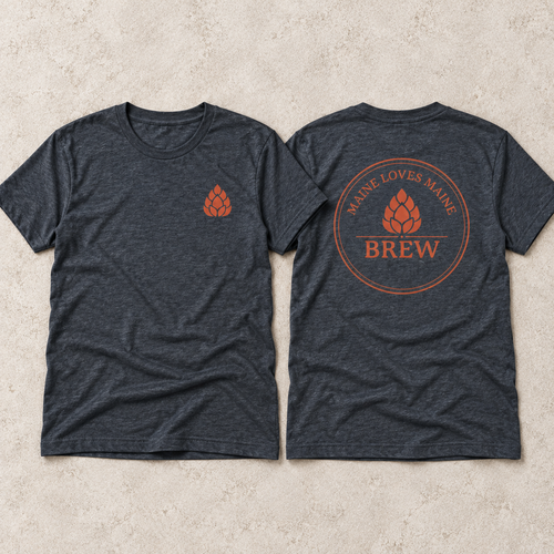 Maine Loves Maine Brew Tee front and back navy tee with muted rust hop and Brew graphics