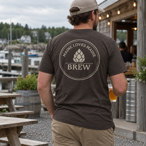 Maine Loves Maine Brew Tee Macchiato vintage-white back logo at a casual Maine beer garden