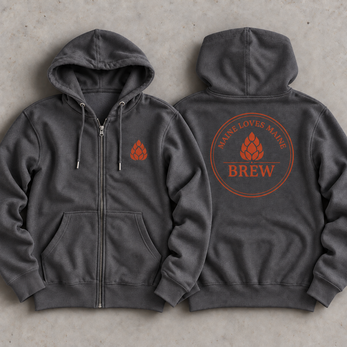 Maine Loves Maine Brew Zip Hoodie front and back flat lay in Charcoal Heather with Rust graphics