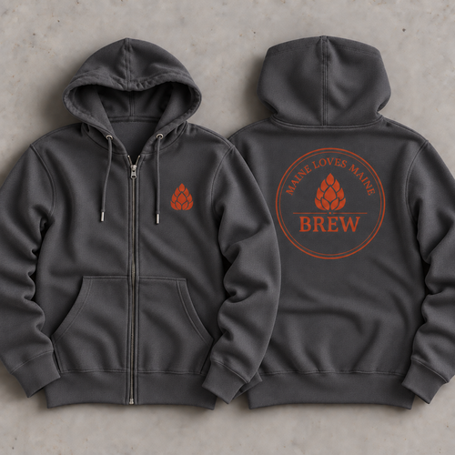 Maine Loves Maine Brew Zip Hoodie front and back flat lay in Charcoal Heather with Rust graphics and varied natural drape