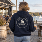 Maine Loves Maine Brew Zip Hoodie in Navy with Vintage White Brew back graphic, back lifestyle