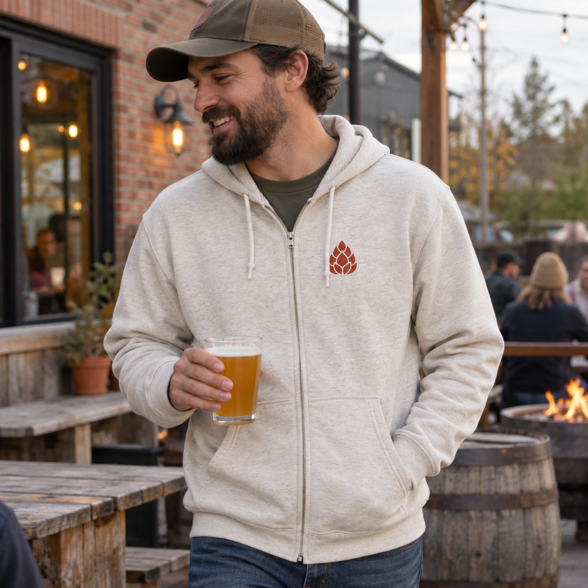 Maine Loves Maine Brew Zip Hoodie in Oatmeal Heather with Rust hop icon, front lifestyle
