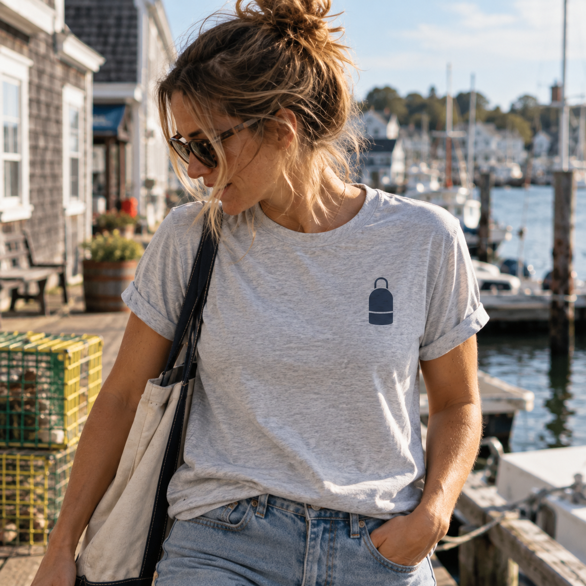 Maine Loves Maine Catch Tee, candid waterfront lifestyle in Heather Grey