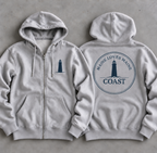 Maine Loves Maine Coast Zip Hoodie front and back flat lay in Heather Grey