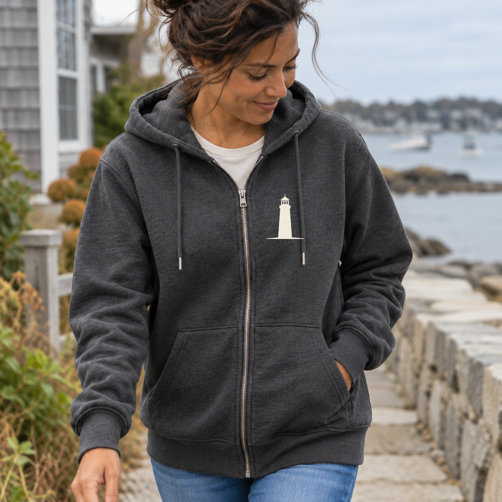 Maine Loves Maine Coast Zip Hoodie in Charcoal Heather, front lifestyle