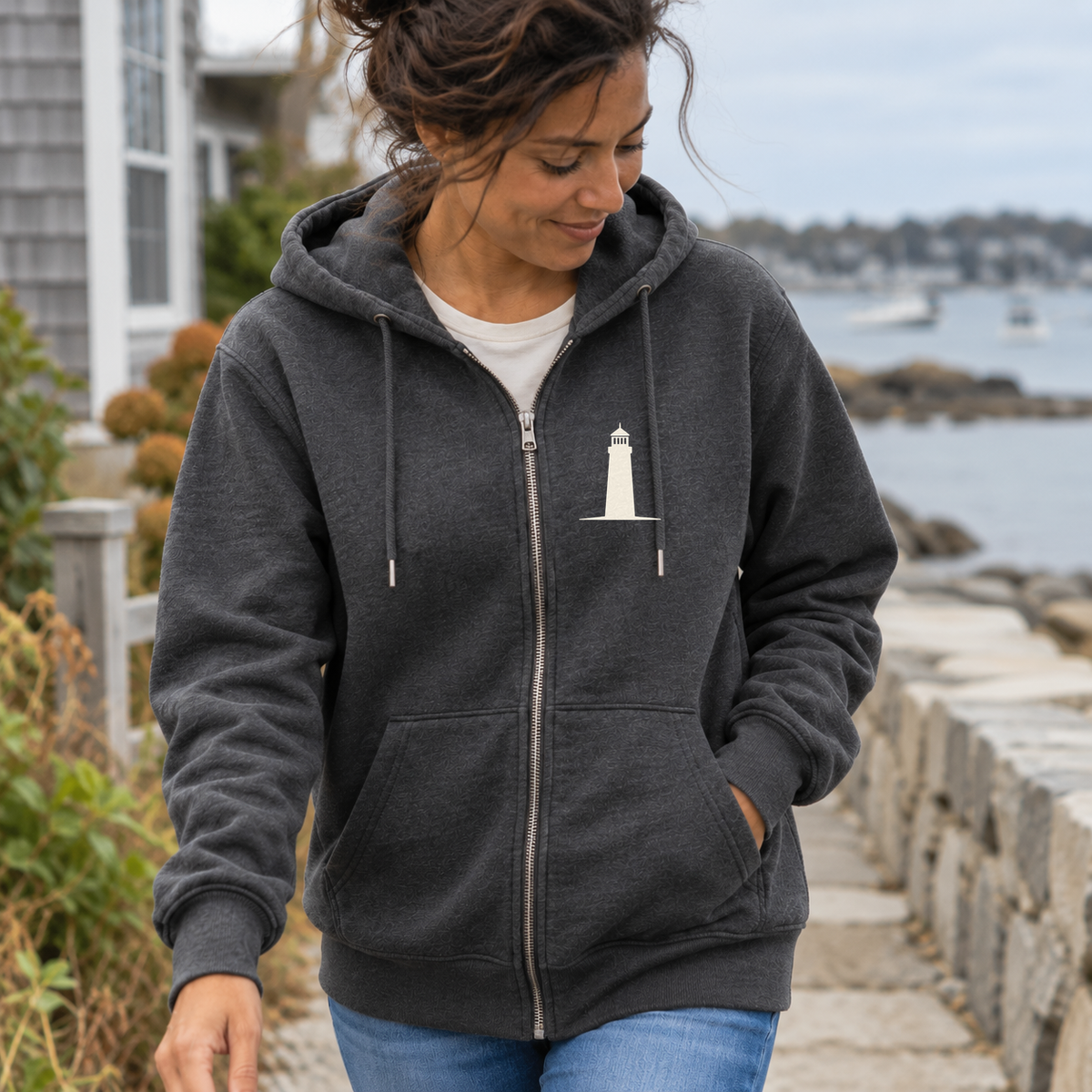 Maine Loves Maine Coast Zip Hoodie in Charcoal Heather, front lifestyle