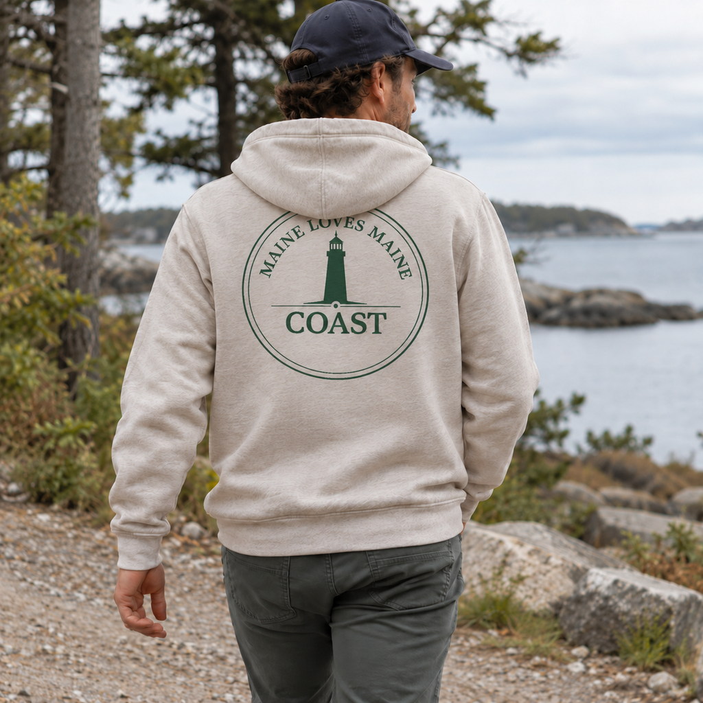 Maine Loves Maine Coast Zip Hoodie in Oatmeal Heather, back lifestyle