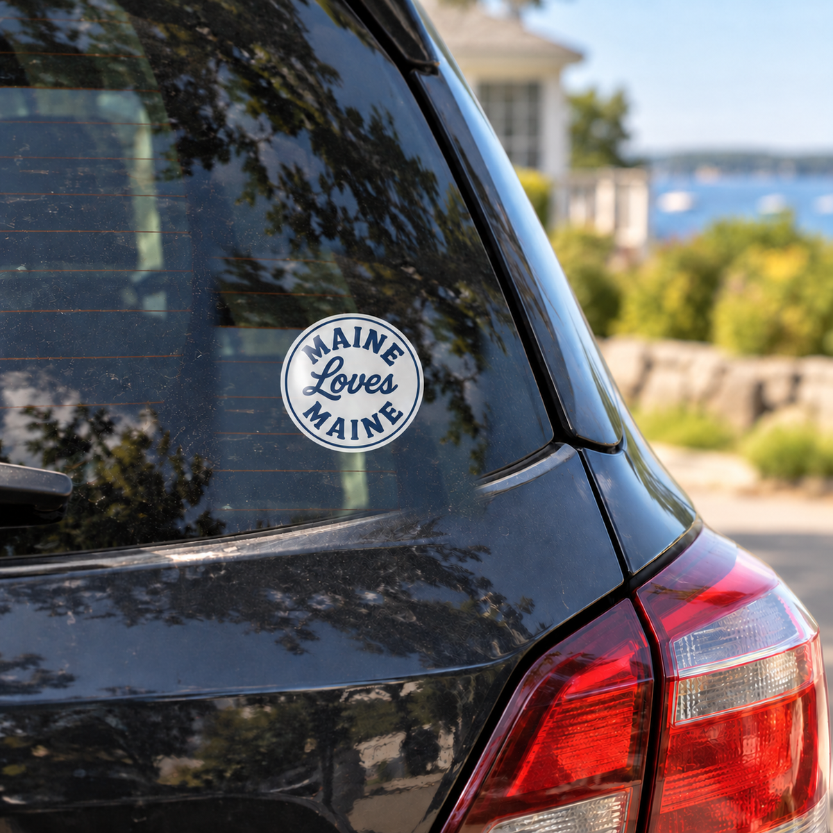 Little Sticker, Big Pride navy circle logo sticker on a generic dark car rear window