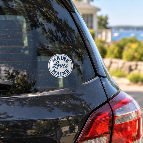 Little Sticker, Big Pride navy circle logo sticker on a generic dark car rear window