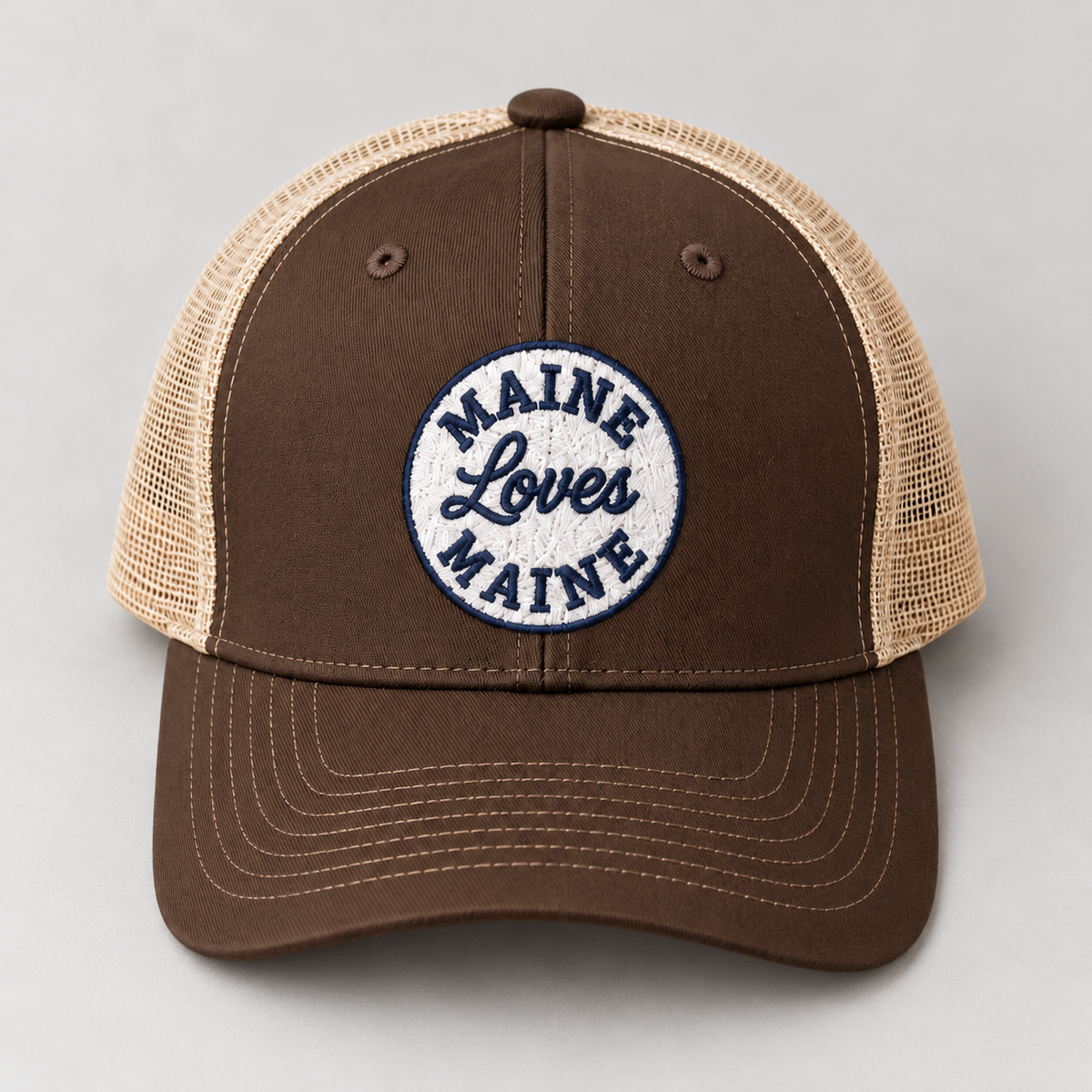 The Pine State Trucker flatlay in Brown / Khaki Mesh