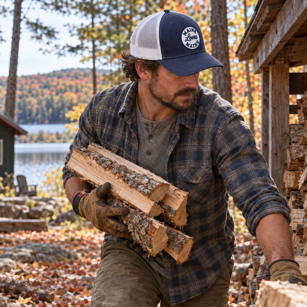 The Pine State Trucker lifestyle photo in Navy / White Mesh