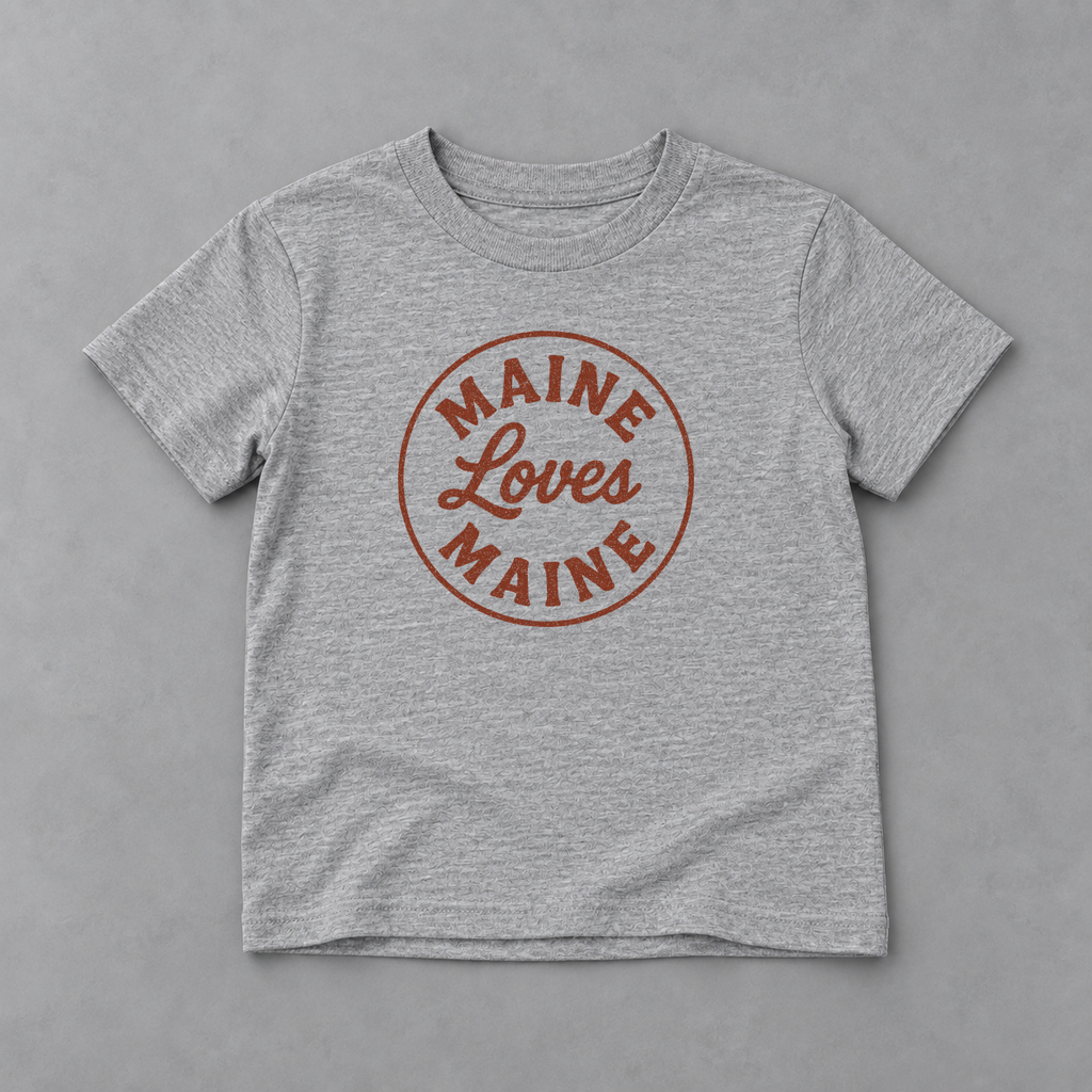 The Signal Tee kids athletic heather tee with red Maine Loves Maine logo, product flatlay