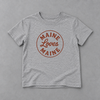 The Signal Tee kids athletic heather tee with red Maine Loves Maine logo, product flatlay