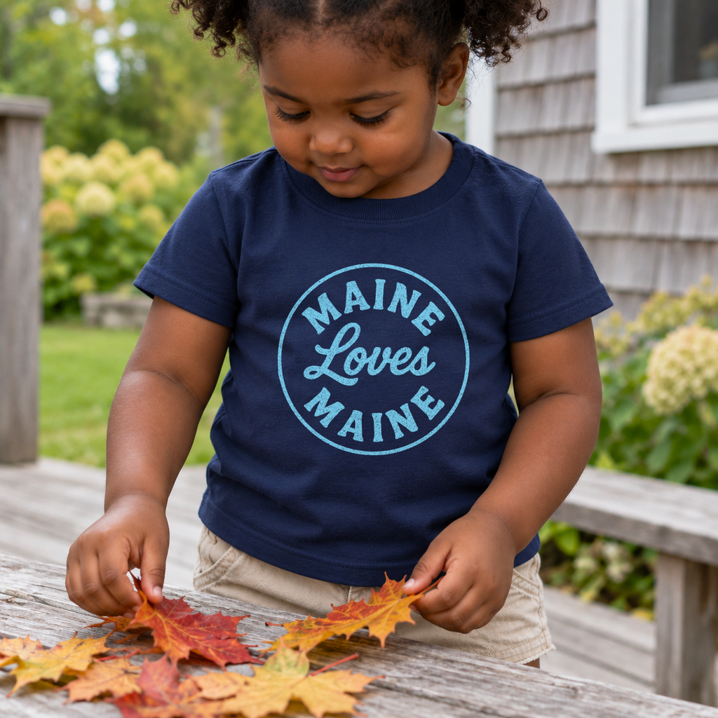 Child wearing the Signal Tee kids navy tee with Ocean Spray Blue Maine Loves Maine logo