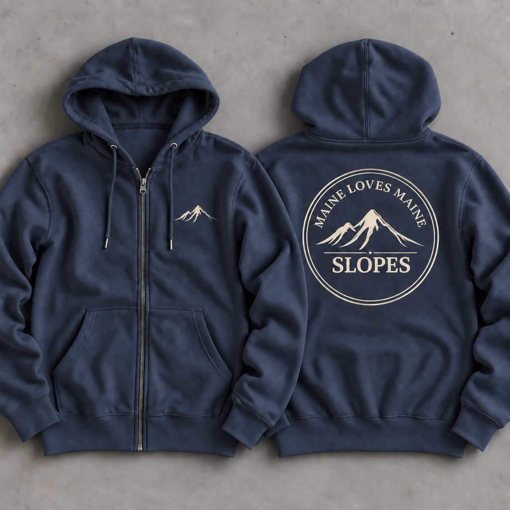 Maine Loves Maine Slopes Zip Hoodie front and back flat lay in Navy with Vintage White graphics
