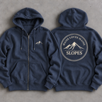 Maine Loves Maine Slopes Zip Hoodie front and back flat lay in Navy with Vintage White graphics