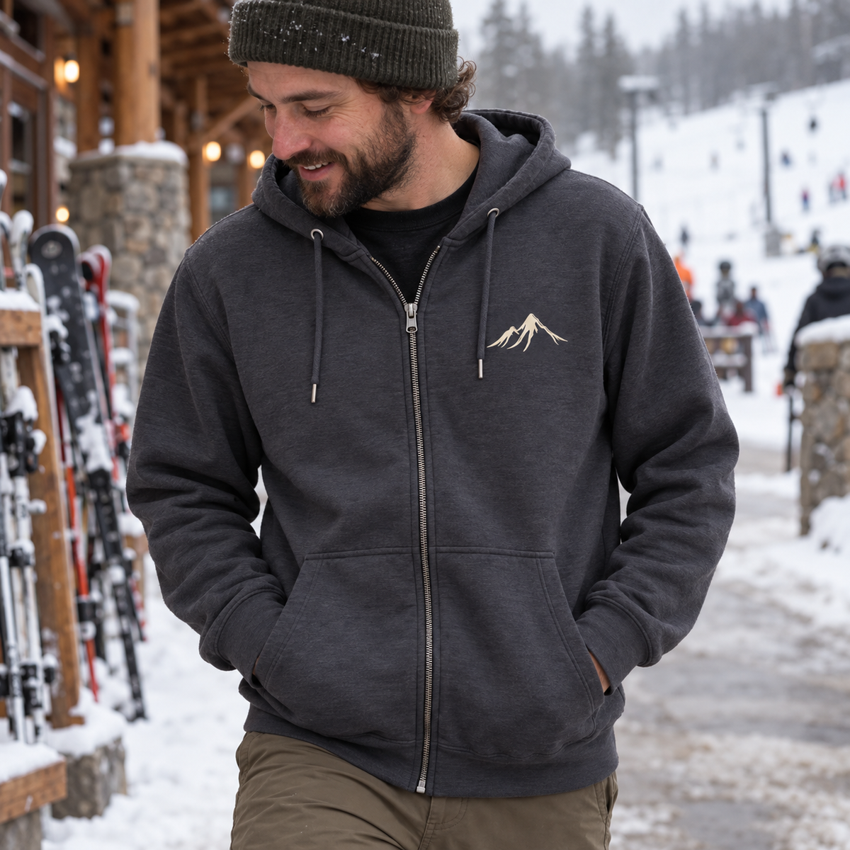 Maine Loves Maine Slopes Zip Hoodie in Charcoal Heather with Vintage White mountain icon, male front lifestyle