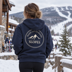 Maine Loves Maine Slopes Zip Hoodie in Navy with Vintage White Slopes back graphic, female back lifestyle