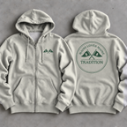 Maine Loves Maine Tradition Zip Hoodie front and back flat lay in Oatmeal Heather with Pine graphics