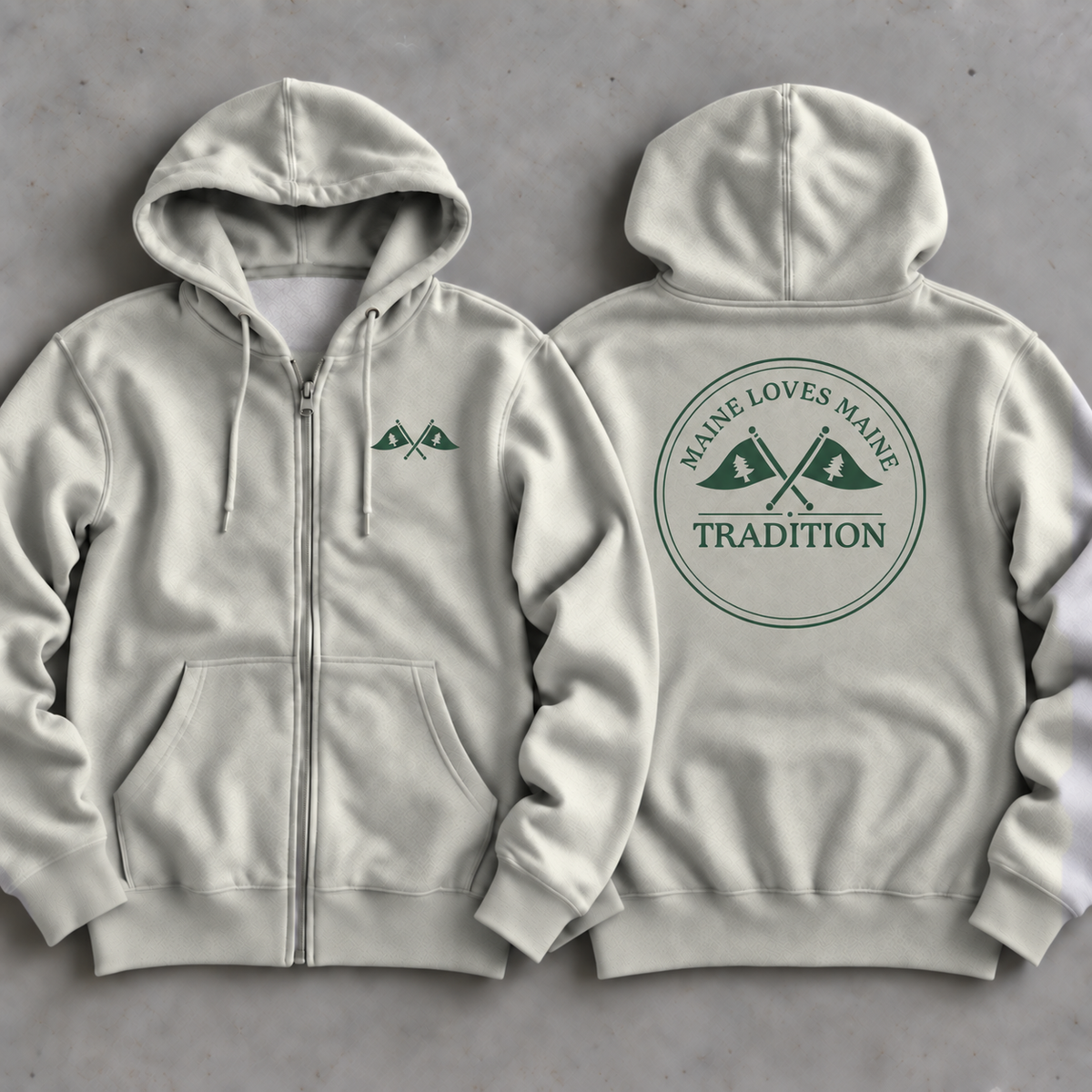 Maine Loves Maine Tradition Zip Hoodie front and back flat lay in Oatmeal Heather with Pine graphics
