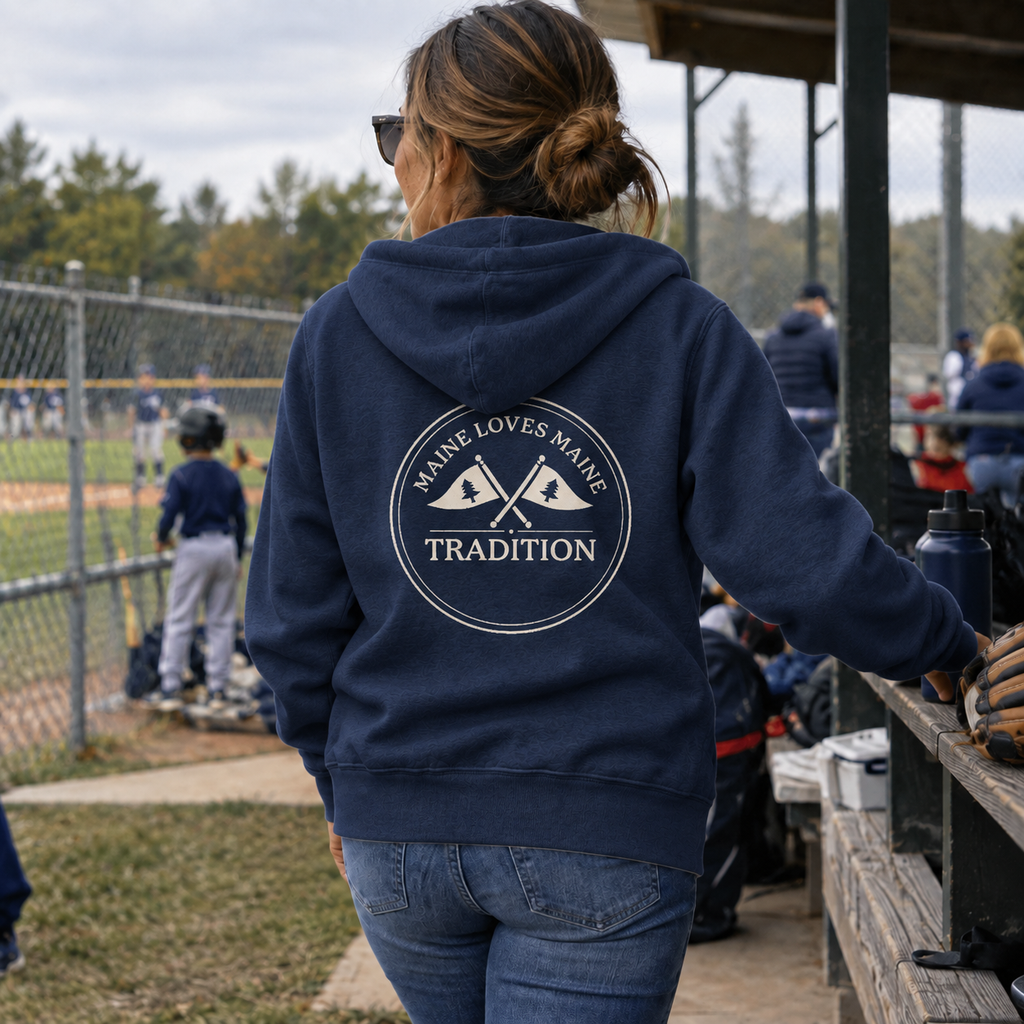 Maine Loves Maine Tradition Zip Hoodie in Navy with Vintage White flags icon, male soccer-field lifestyle