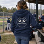 Maine Loves Maine Tradition Zip Hoodie in Navy with Vintage White flags icon, male soccer-field lifestyle