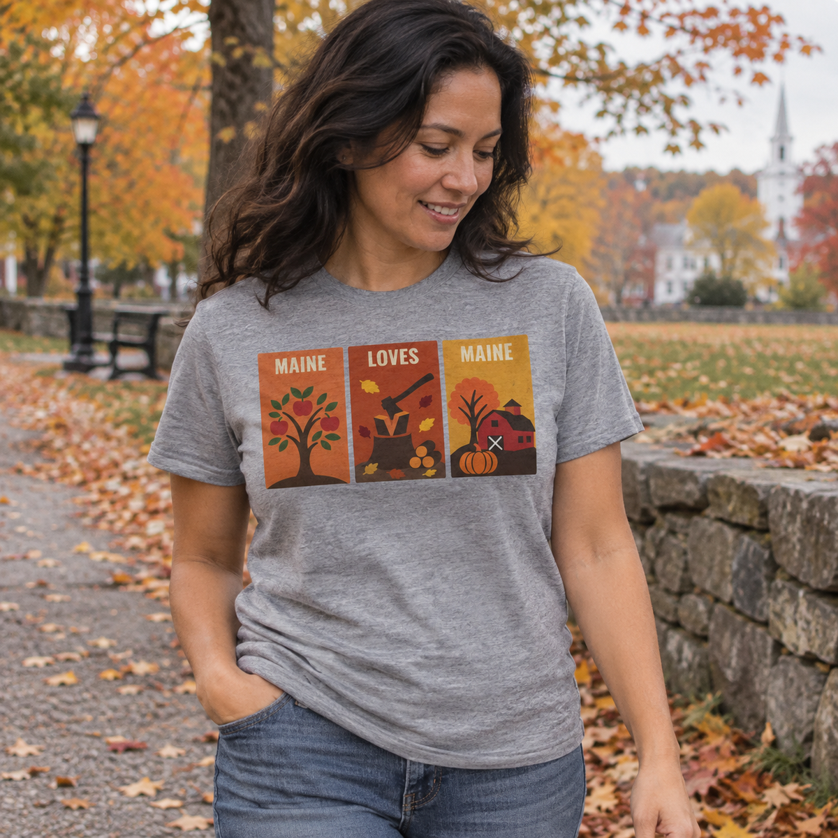 Windowpanes of Autumn Tee in Heather Grey, women’s wider candid autumn lifestyle photo