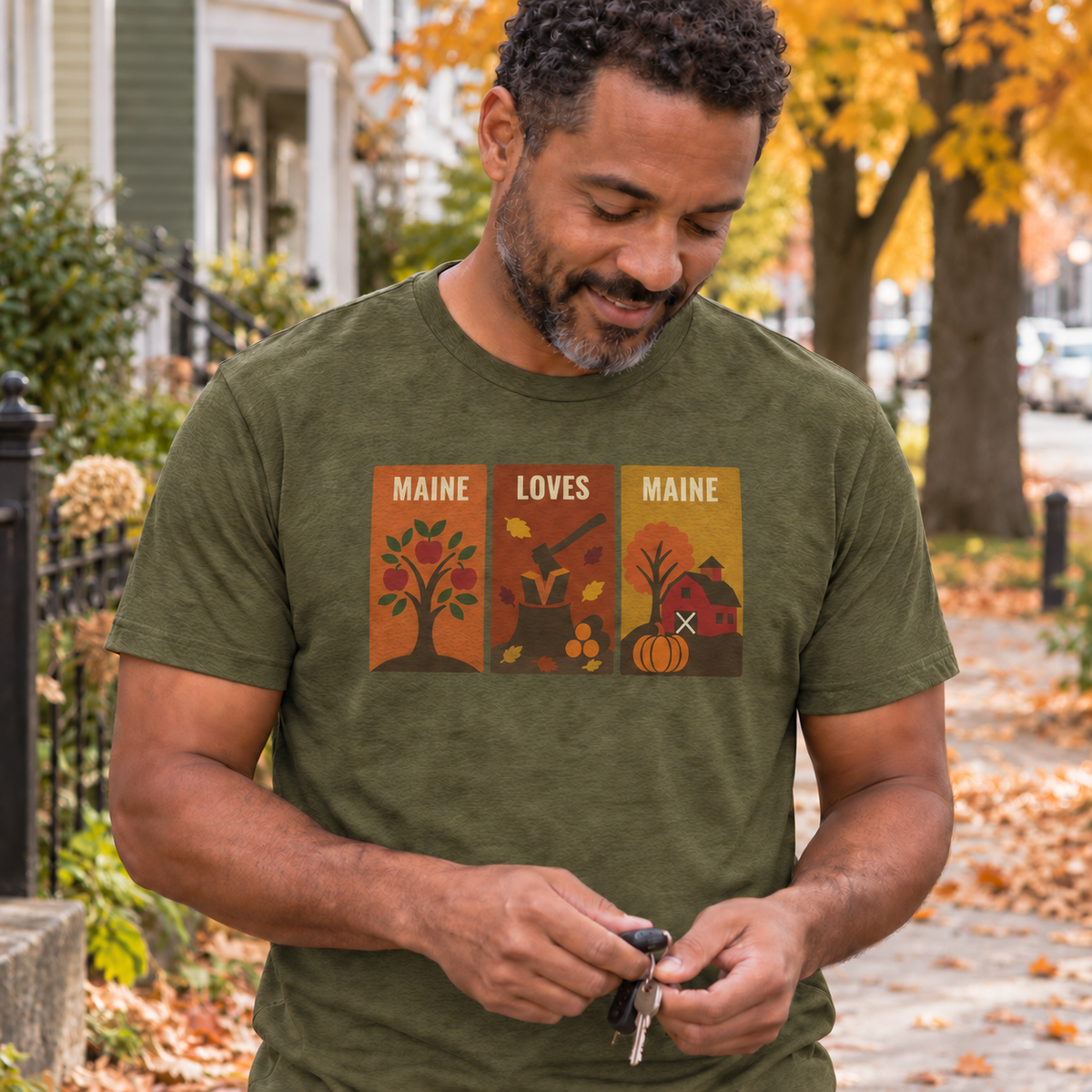 Windowpanes of Autumn Tee in Military Green, men’s candid tight autumn neighborhood lifestyle photo
