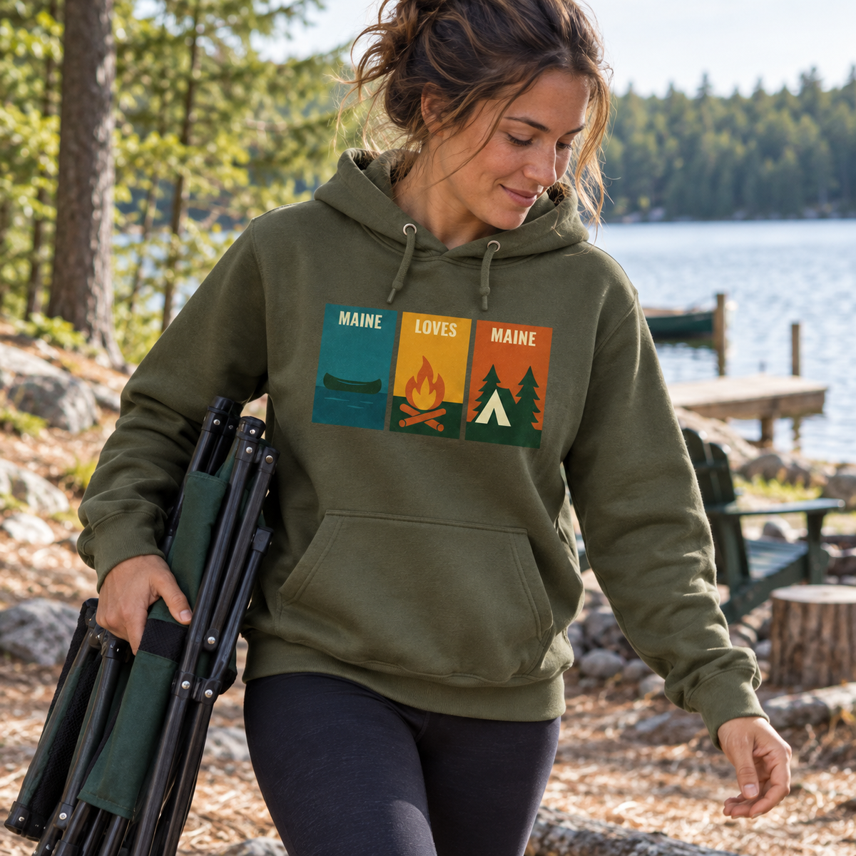 Windowpanes of Camp Hoodie in Army Green, women’s wider candid lifestyle photo