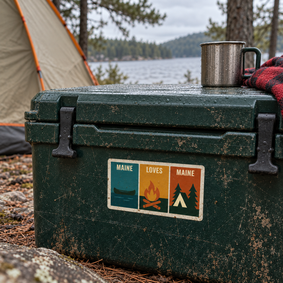 Windowpanes of Camp sticker on a weathered cooler outside a Maine campsite tent