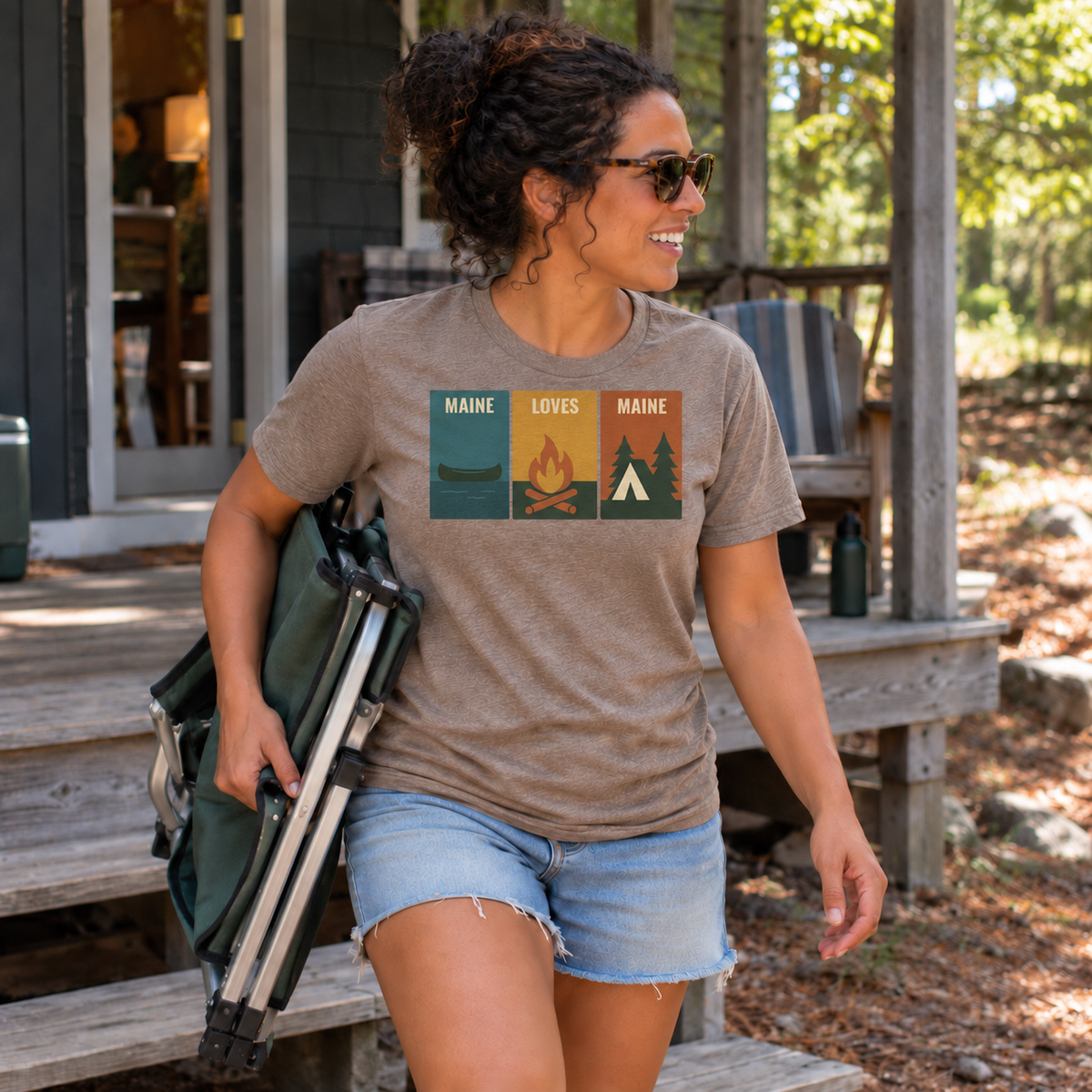 Windowpanes of Camp Tee in Macchiato, women’s candid camp lifestyle photo