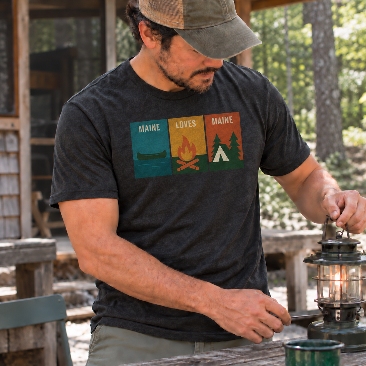 Windowpanes of Camp Tee in Vintage Black, men’s candid camp lifestyle photo