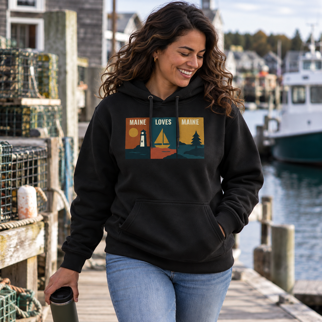 Windowpanes on the Water Hoodie in Black, women’s candid tight harbor lifestyle photo