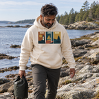 Windowpanes on the Water Hoodie in Sandshell, men’s wider candid coastal lifestyle photo