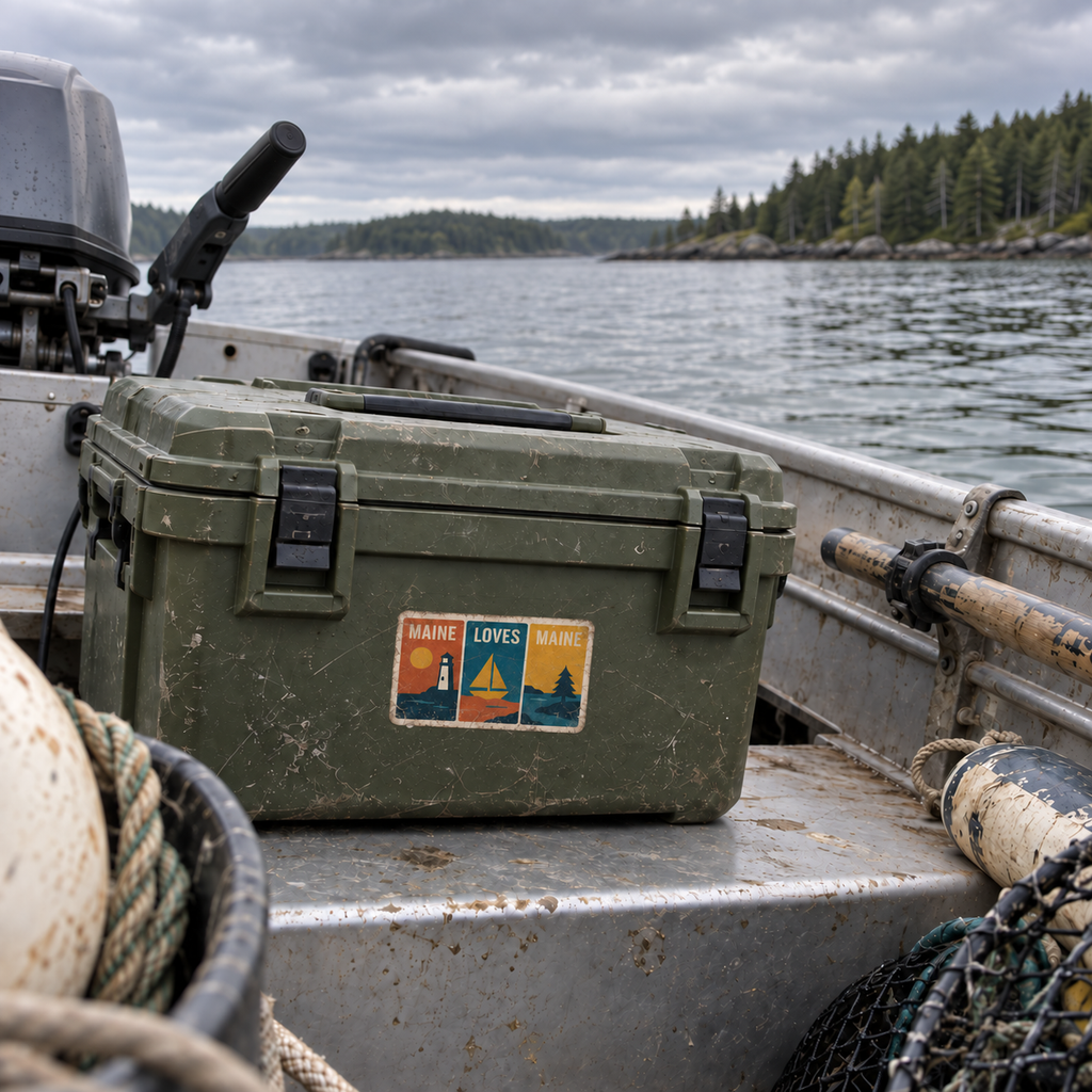 Windowpanes on the Water sticker on a weathered gear case in a Maine boat