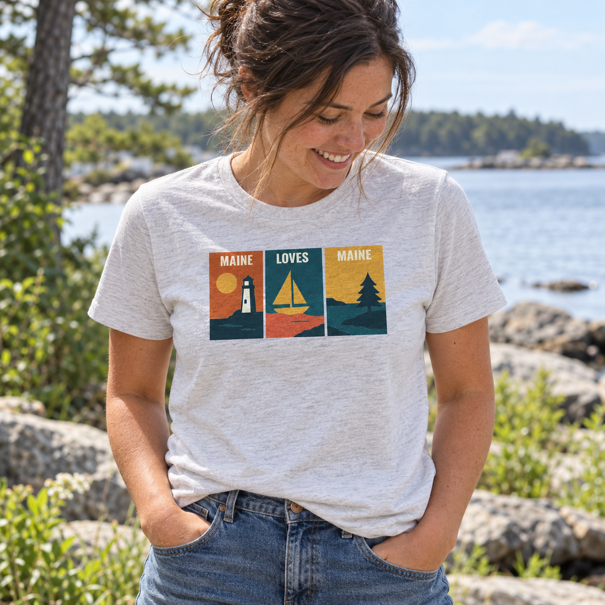 Windowpanes on the Water Tee in Heather White, candid women’s coastal Maine lifestyle photo