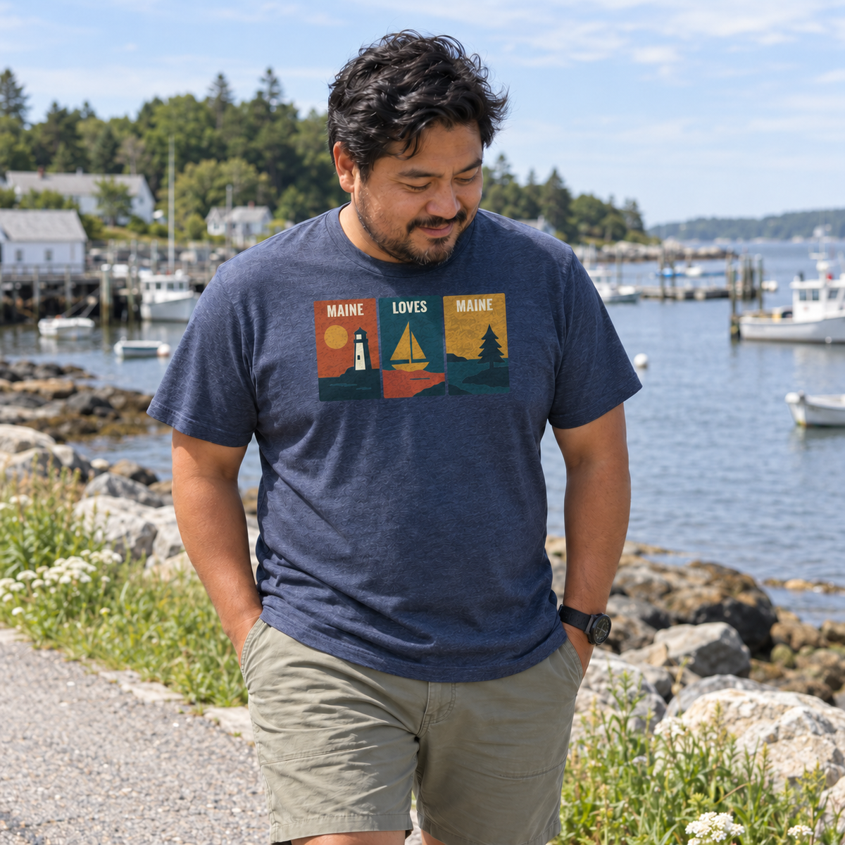 Windowpanes on the Water Tee in Vintage Navy, candid men’s coastal Maine lifestyle photo