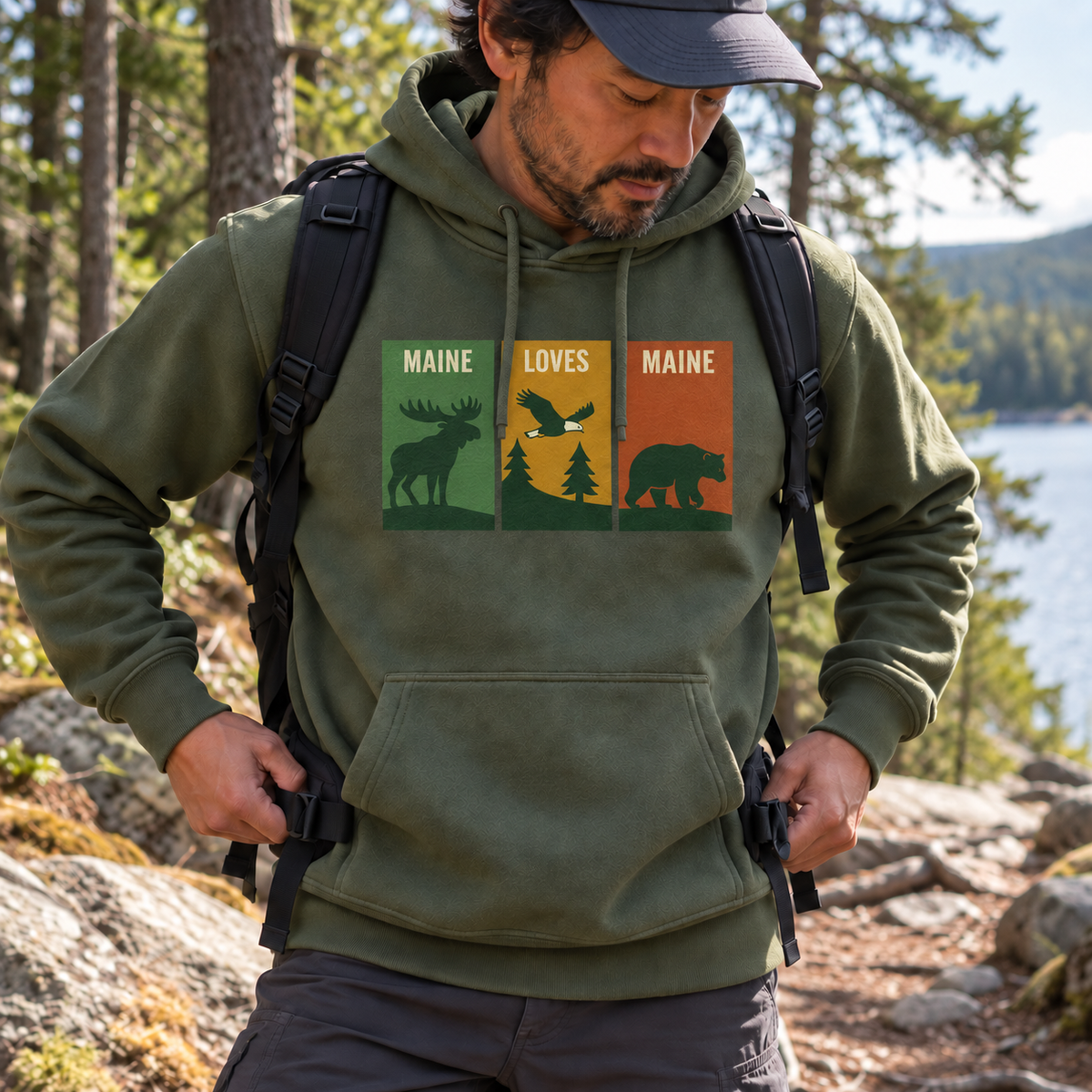 Windowpanes of Wildlife Hoodie in Army Green, men’s candid tight hiking lifestyle photo
