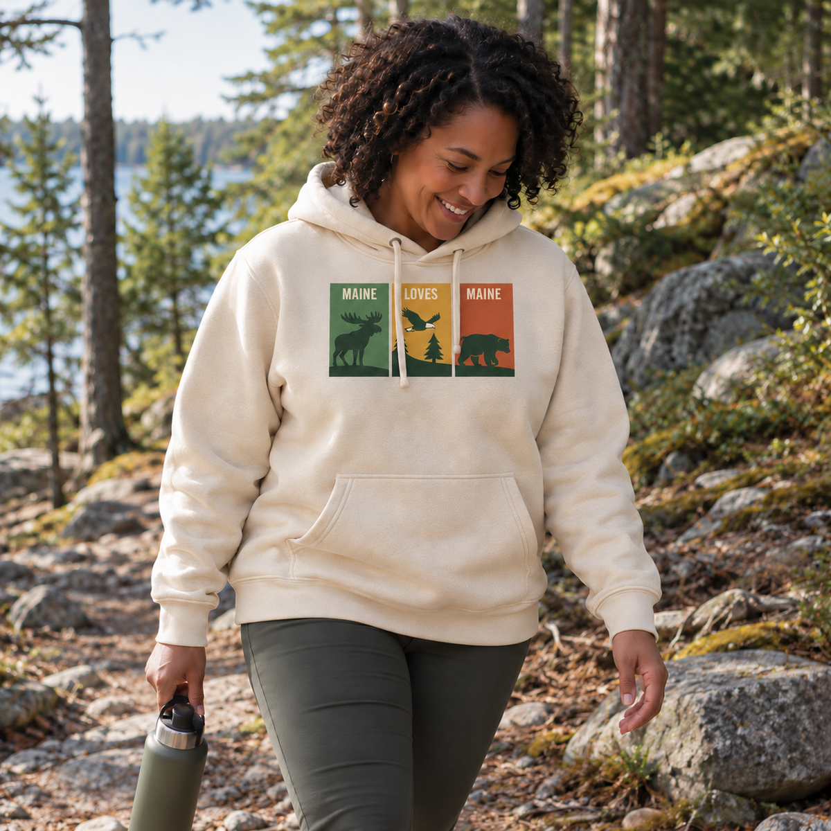 Windowpanes of Wildlife Hoodie in Sandshell, women’s wider candid trail lifestyle photo