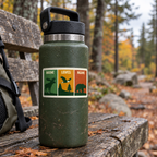 Windowpanes of Wildlife sticker on a green handled water bottle on a wooded trail