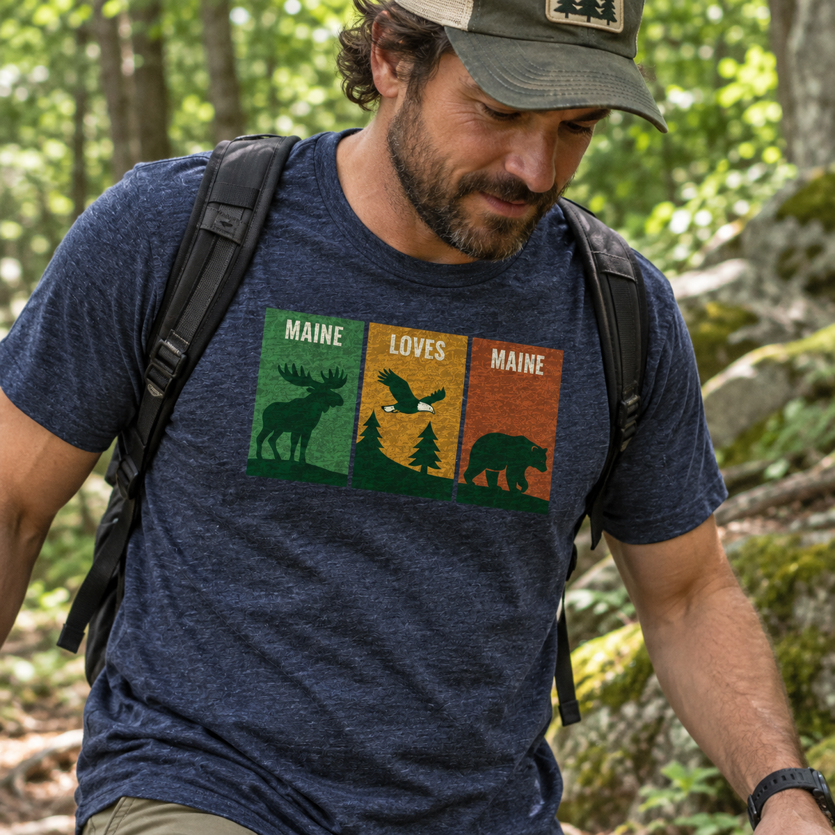 Windowpanes of Wildlife Tee in Vintage Navy, men’s tight candid forest trail lifestyle photo