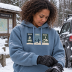 Windowpanes of Winter Hoodie in Blue Mist, women’s candid tight winter lifestyle photo