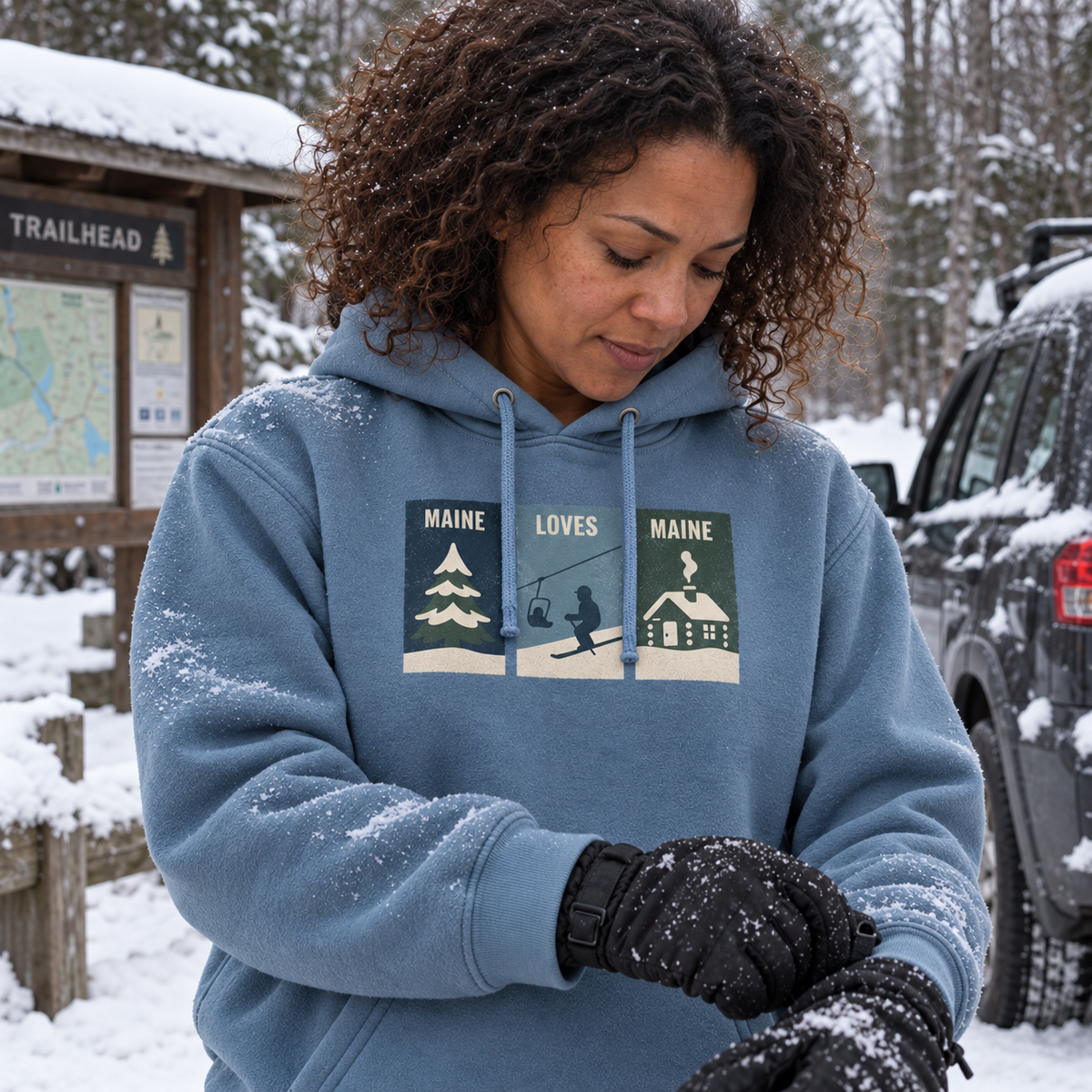 Windowpanes of Winter Hoodie in Blue Mist, women’s candid tight winter lifestyle photo