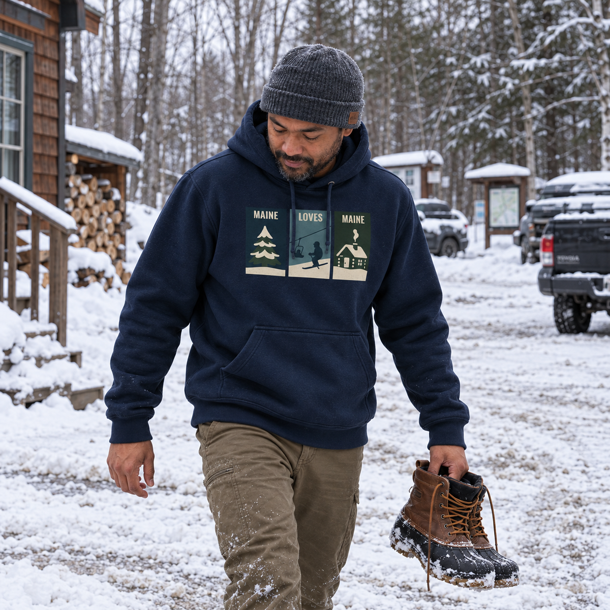 Windowpanes of Winter Hoodie in Navy, men’s wider candid winter lifestyle photo