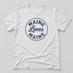 The Beacon Tee in Heather White with navy Maine Loves Maine distressed circle logo, approved flat lay