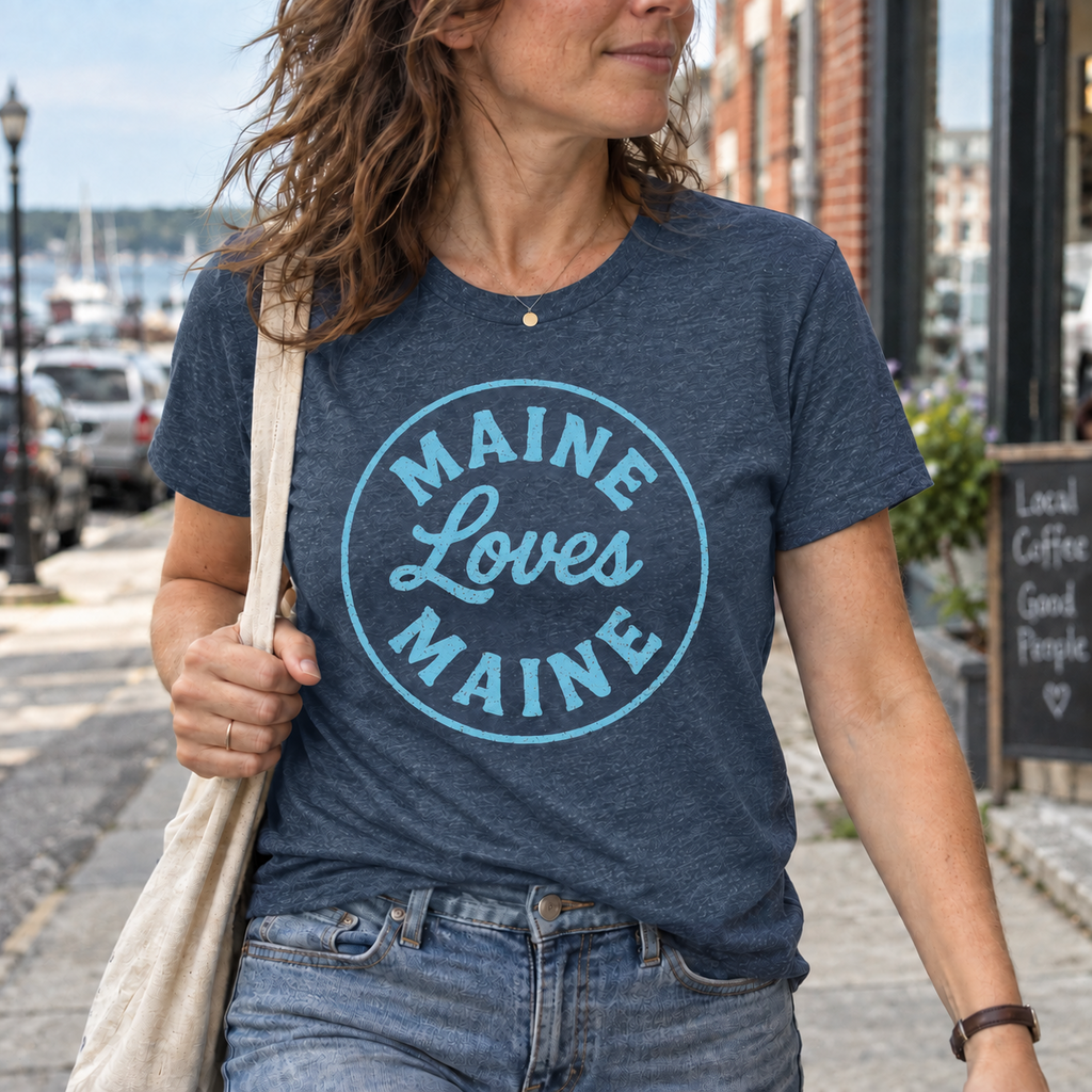 The Beacon Tee in Indigo with Ocean Spray Maine Loves Maine distressed circle logo, approved women’s lifestyle image