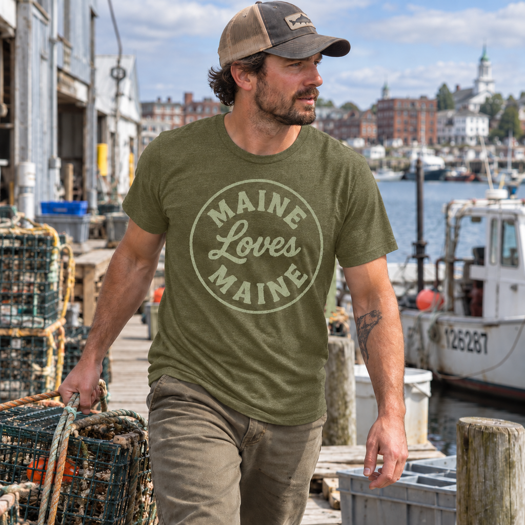 The Beacon Tee in Military Green with sage Maine Loves Maine distressed circle logo, approved men’s lifestyle image