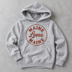 The Dockside Hoodie for kids in Heather Gray with red distressed Maine Loves Maine circle logo, approved flat lay