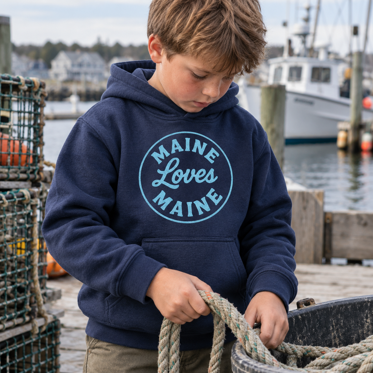The Dockside Hoodie for kids in Navy with Ocean Spray distressed Maine Loves Maine circle logo, approved candid lifestyle image