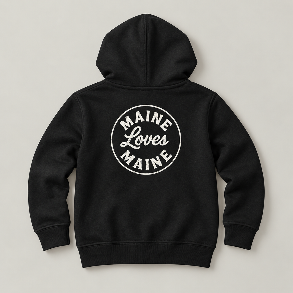 Black Ember Zip Hoodie with vintage white Maine Loves Maine back logo
